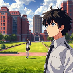 In high-quality anime style, depict a determined highschool man wearing a modest uniform with messy black hair standing in the foreground of an elite school