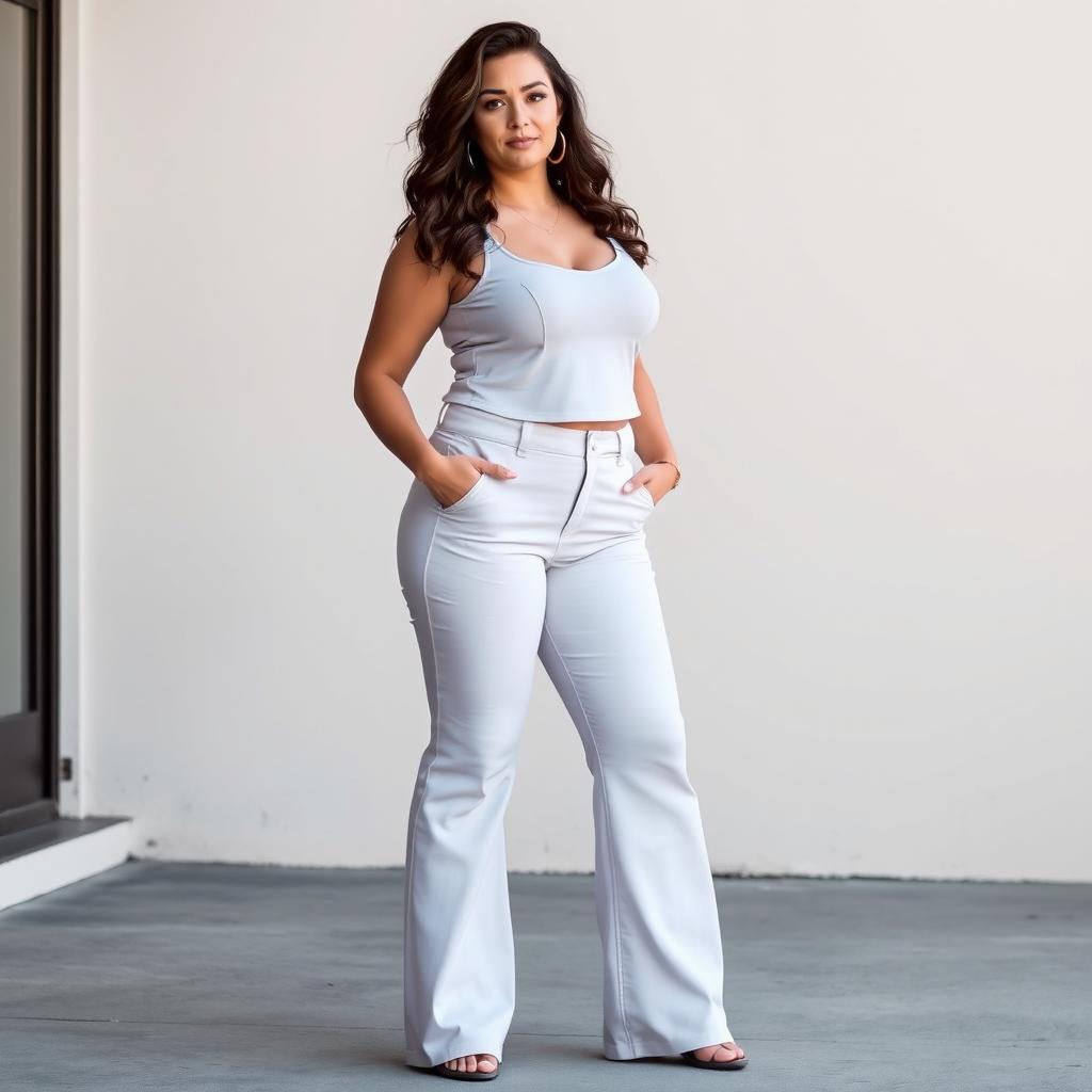 A white woman with a curvy figure, wearing flare pants that accentuate her shape