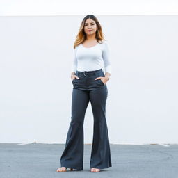 A white woman with a curvy figure, wearing flare pants that accentuate her shape