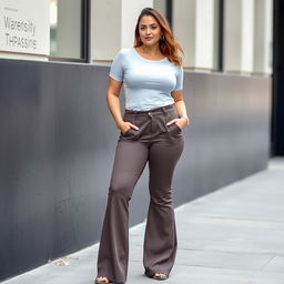 A white woman with a curvy figure, wearing flare pants that accentuate her shape