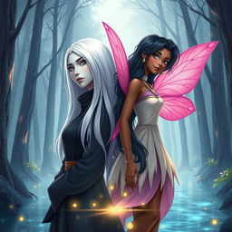 The book cover shows two ADULT women standing back to back in a magical forest