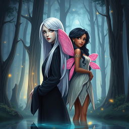 The book cover shows two ADULT women standing back to back in a magical forest