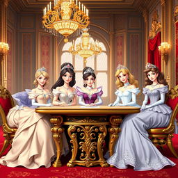 A group of princesses sitting at a grand, ornate table, judging a competition