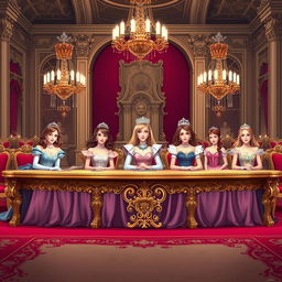 A group of princesses sitting at a grand, ornate table, judging a competition