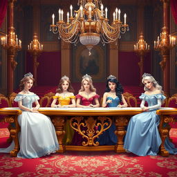 A group of princesses sitting at a grand, ornate table, judging a competition