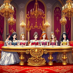 A group of princesses sitting at a grand, ornate table, judging a competition