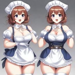 A sexy, cute, and flustered maid girl with a voluptuous figure and large breasts