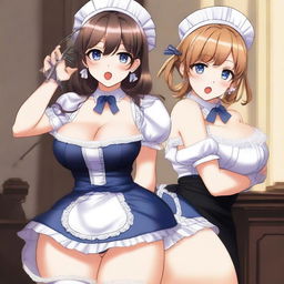 A sexy, cute, and flustered maid girl with a voluptuous figure and large breasts