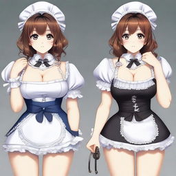 A sexy, cute, and flustered maid girl with a voluptuous figure and large breasts