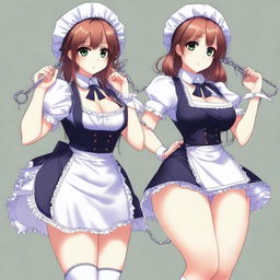 A sexy, cute, and flustered maid girl with a voluptuous figure and large breasts