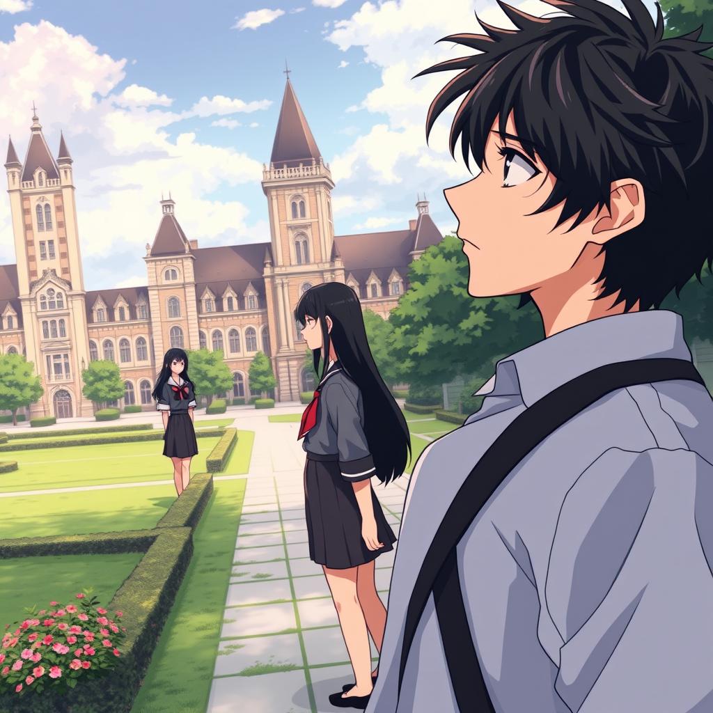 In high quality anime style, depict a determined highschool man wearing a modest uniform with messy black hair standing in the foreground of an elite school, with towering buildings and manicured lawns