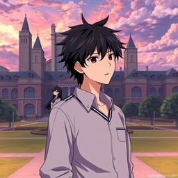 In high quality anime style, depict a determined highschool man wearing a modest uniform with messy black hair standing in the foreground of an elite school, with towering buildings and manicured lawns