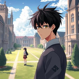 In high quality anime style, depict a determined highschool man wearing a modest uniform with messy black hair standing in the foreground of an elite school, with towering buildings and manicured lawns