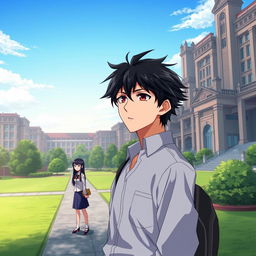 In high quality anime style, depict a determined highschool man wearing a modest uniform with messy black hair standing in the foreground of an elite school, with towering buildings and manicured lawns