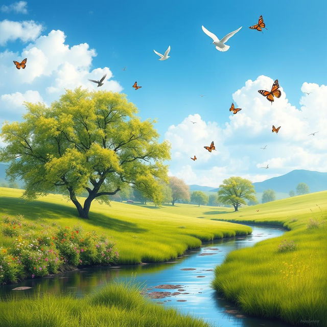 A serene landscape with a clear blue sky, lush green meadows, and a gentle river flowing through