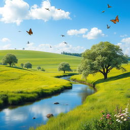 A serene landscape with a clear blue sky, lush green meadows, and a gentle river flowing through