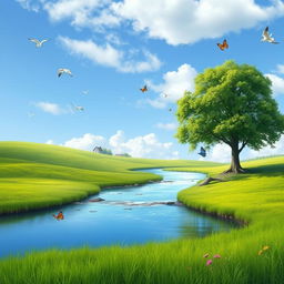 A serene landscape with a clear blue sky, lush green meadows, and a gentle river flowing through