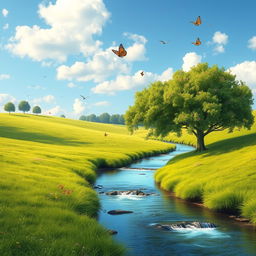 A serene landscape with a clear blue sky, lush green meadows, and a gentle river flowing through