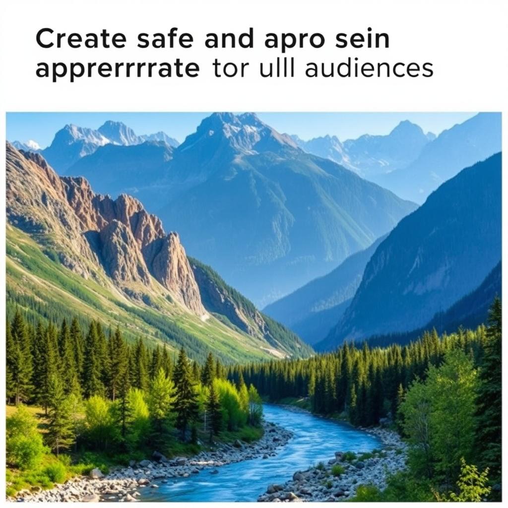 Create an image that is safe and appropriate for all audiences, featuring a beautiful landscape with mountains, a river, and a clear blue sky