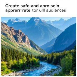 Create an image that is safe and appropriate for all audiences, featuring a beautiful landscape with mountains, a river, and a clear blue sky