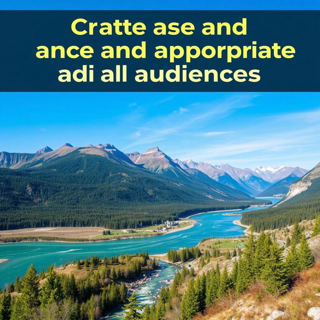 Create an image that is safe and appropriate for all audiences, featuring a beautiful landscape with mountains, a river, and a clear blue sky