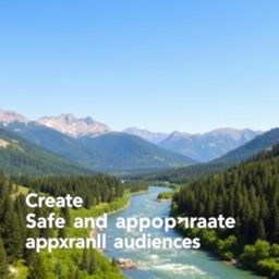 Create an image that is safe and appropriate for all audiences, featuring a beautiful landscape with mountains, a river, and a clear blue sky