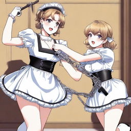 A sexy, cute, and flustered maid girl with a voluptuous figure and large breasts is depicted beating up another sexy, cute girl who is chained up by her arms with a stick