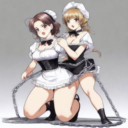 A sexy, cute, and flustered maid girl with a voluptuous figure and large breasts is depicted beating up another sexy, cute girl who is chained up by her arms with a stick