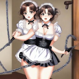 A sexy, cute, and flustered maid girl with a voluptuous figure and large breasts is depicted beating up another sexy, cute girl who is chained up by her arms with a stick