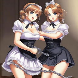 A sexy, cute, and flustered maid girl with a voluptuous figure and large breasts is depicted beating up another sexy, cute girl who is chained up by her arms with a stick