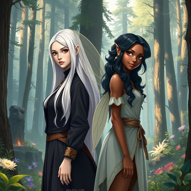 The book cover shows two ADULT women standing back to back in the middle of a magical forest