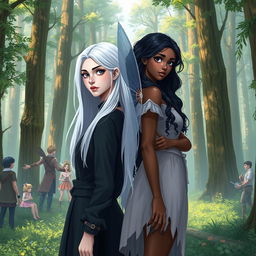 The book cover shows two ADULT women standing back to back in the middle of a magical forest