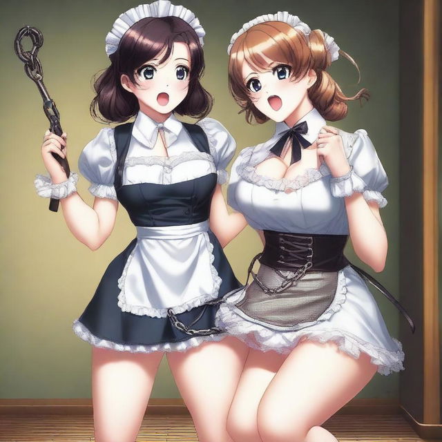 A sexy, cute, and flustered maid girl with a voluptuous figure and large breasts is depicted beating up a terrified, sexy, cute girl who is chained up with a stick