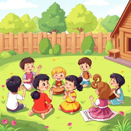 A colorful cartoon image of children enjoying traditional music in a play yard