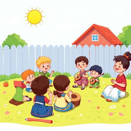 A colorful cartoon image of children enjoying traditional music in a play yard