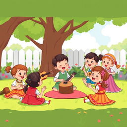 A colorful cartoon image of children enjoying traditional music in a play yard