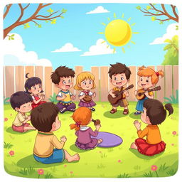 A colorful cartoon image of children enjoying traditional music in a play yard