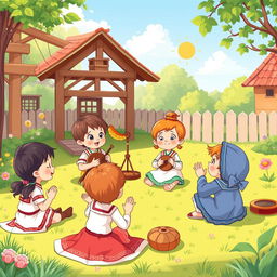 A colorful cartoon image on an A4-sized sheet of children enjoying traditional music in a play yard