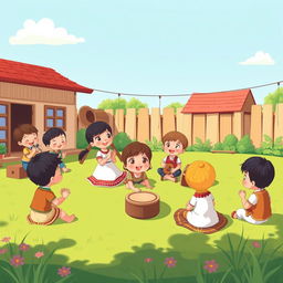 A colorful cartoon image on an A4-sized sheet of children enjoying traditional music in a play yard