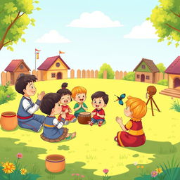 A colorful cartoon image on an A4-sized sheet of children enjoying traditional music in a play yard