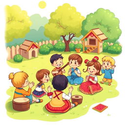 A colorful cartoon image on an A4-sized sheet of children enjoying traditional music in a play yard