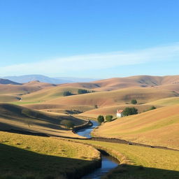 Create an image featuring a peaceful countryside landscape with rolling hills, a clear blue sky, and a small river running through the valley