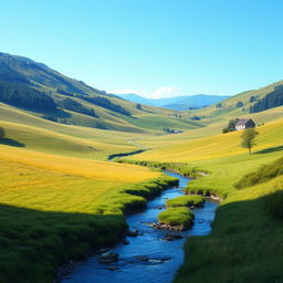 Create an image featuring a peaceful countryside landscape with rolling hills, a clear blue sky, and a small river running through the valley