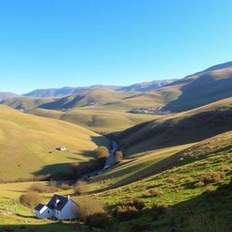 Create an image featuring a peaceful countryside landscape with rolling hills, a clear blue sky, and a small river running through the valley