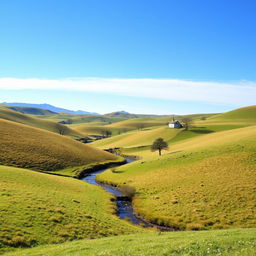 Create an image featuring a peaceful countryside landscape with rolling hills, a clear blue sky, and a small river running through the valley