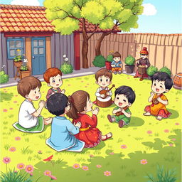 A colorful cartoon image on A4-sized paper of children enjoying traditional music in a play yard