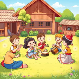 A colorful cartoon image on A4-sized paper of children enjoying traditional music in a play yard