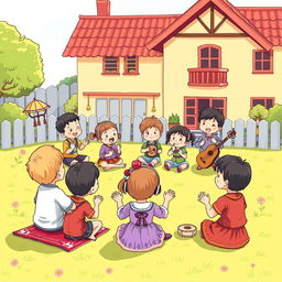 A colorful cartoon image on A4-sized paper of children enjoying traditional music in a play yard