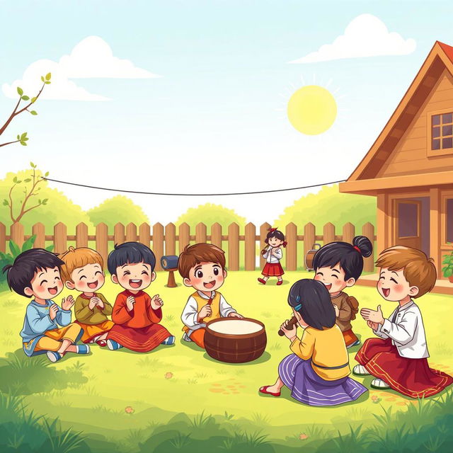 A colorful cartoon image on A4-sized paper of children enjoying traditional music in a play yard