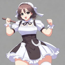 A sexy, cute, and flustered maid girl with a voluptuous figure and large breasts, holding a whip